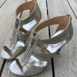Michael Kors “Berkley” T-Strap Silver Glitter Heels 8